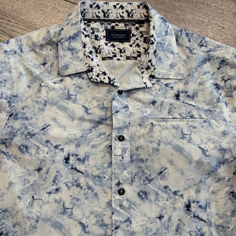 7 Diamonds 4-Way Stretch Shirt Button Down Mens Medium Blue Abstract Pattern